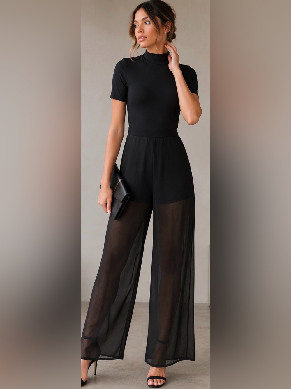 NWT WOMEN’S Black MOCK NECK JUMPSUIT SHEER WIDE LEG OVERLAY SIZE SMALL